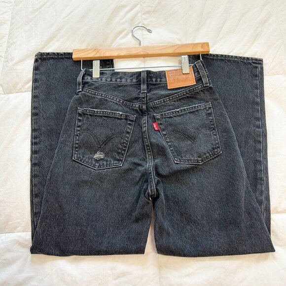 Levi’s Premium Ribcage Straight Ankle Jeans Black Distressed Size 24 High Rise - Picture 7 of 9